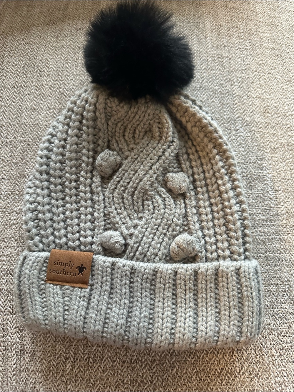 Simply Southern Kids Cable Knit Beanie in Light Gray with Black Pom